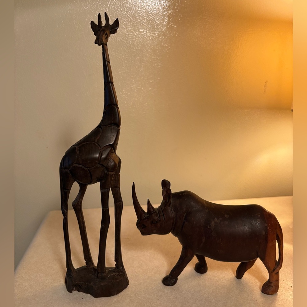 Handcarved safari animals Giraffe and Rhinoceros set of 2